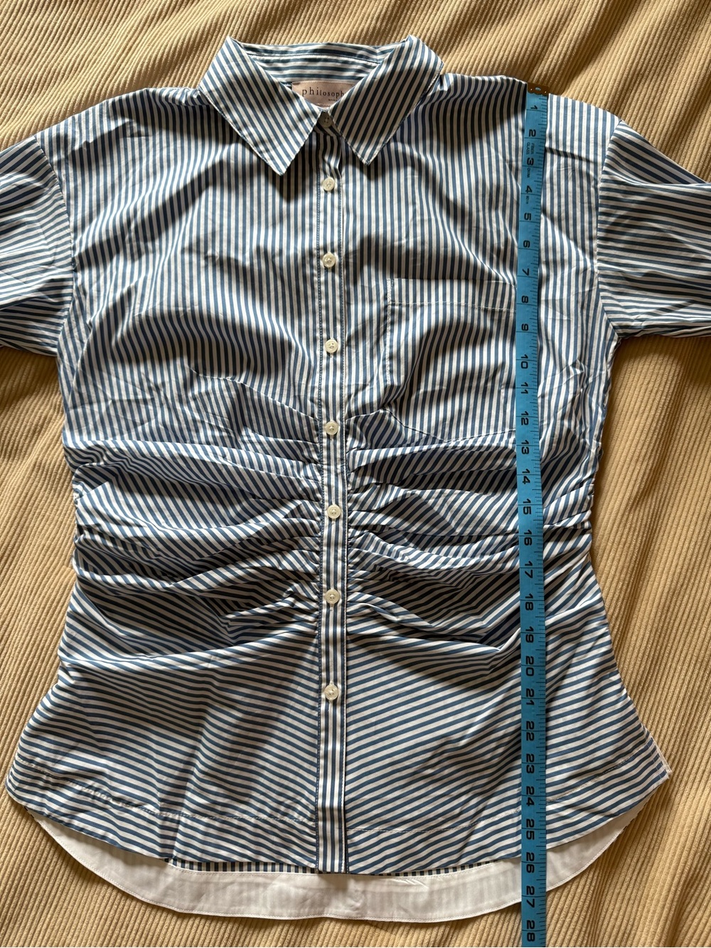 Philosophy Blue Striped Cinch Waist Gathered Ruched Button Down Shirt Large - Picture 11 of 11
